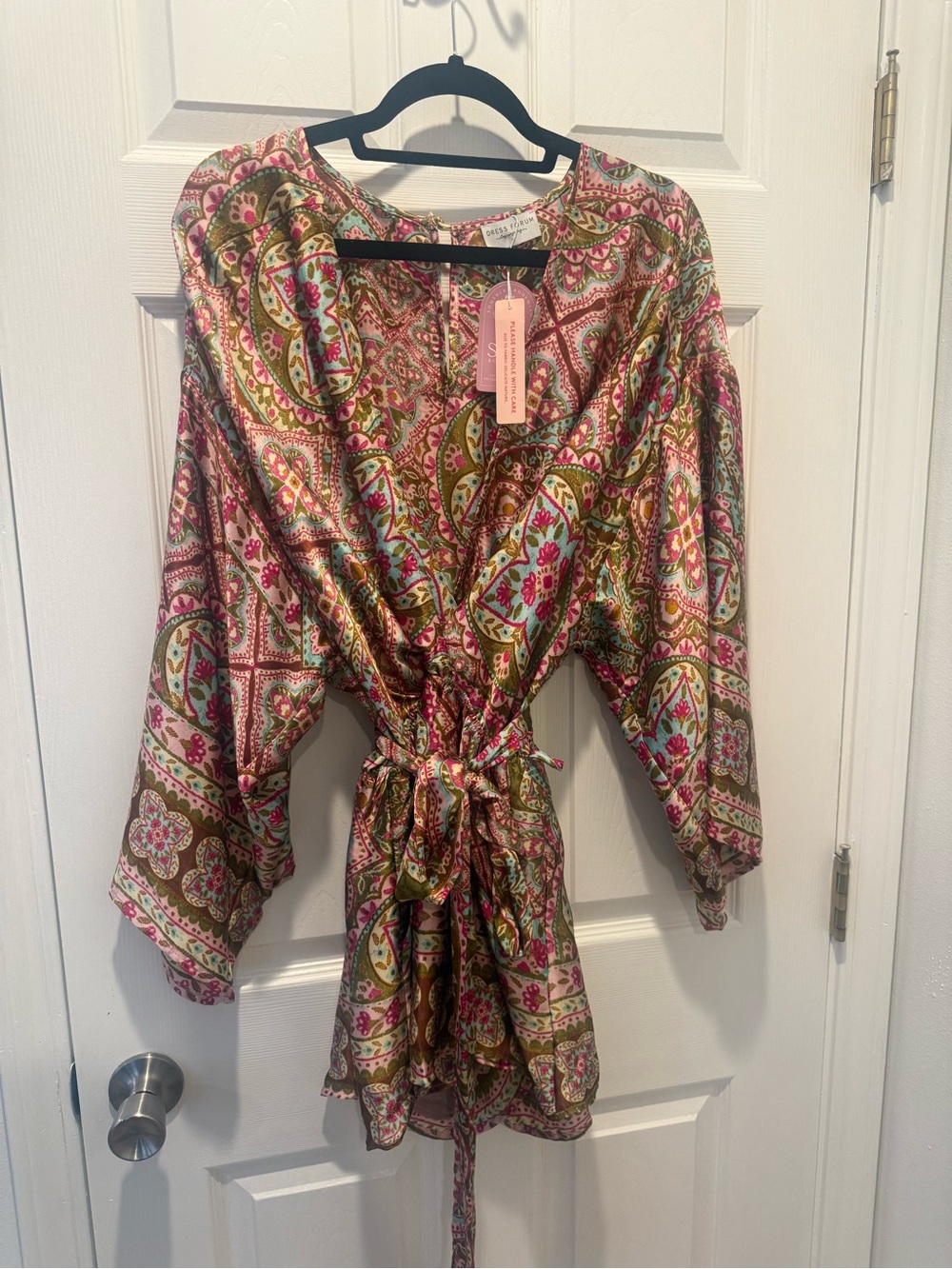 Dress Forum Paisley Tie-Waist ROMPER in Pink & Olive